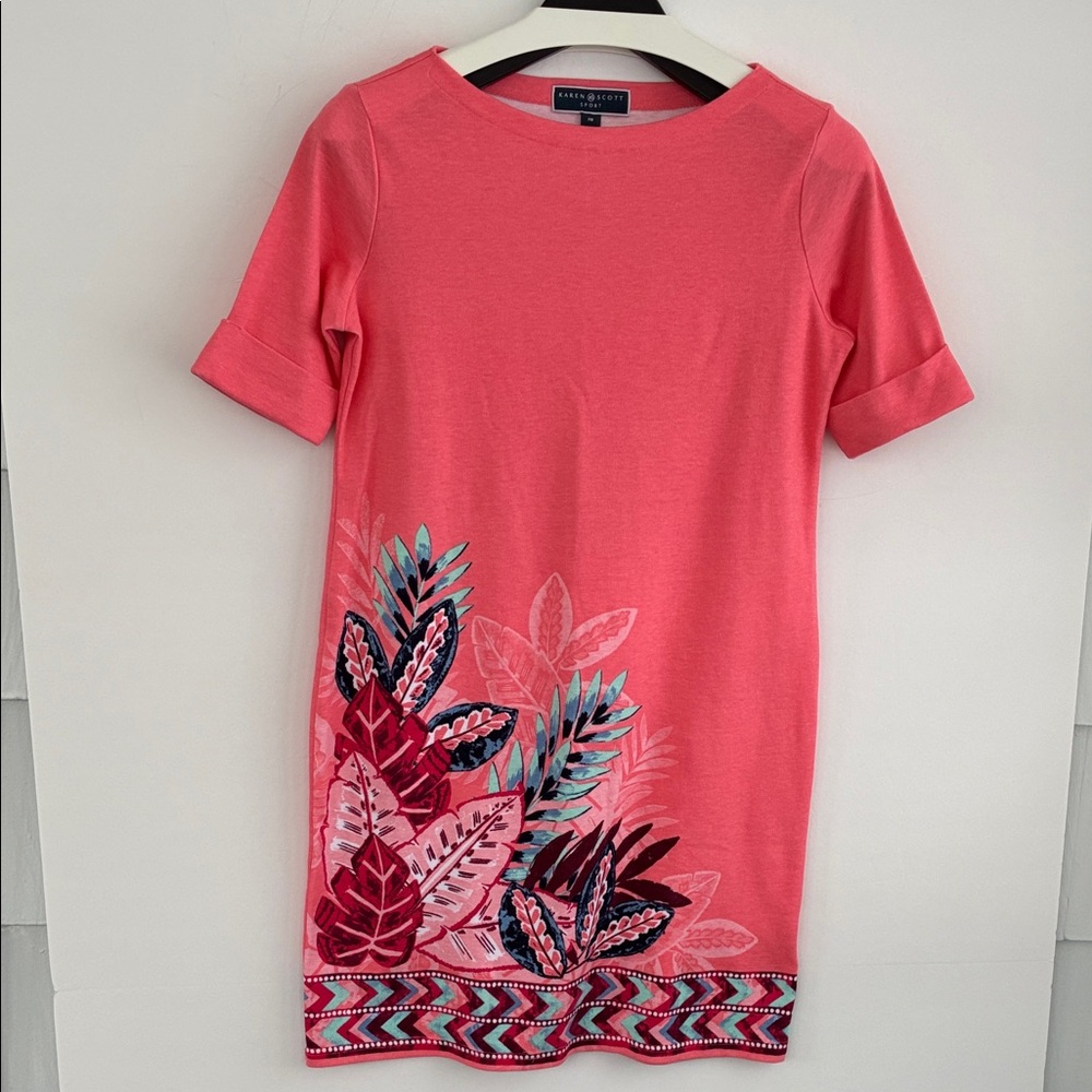 Karen Scott Tropical Print Elbow Sleeve Boat Neck Knit Dress Coral Leaf Print MP